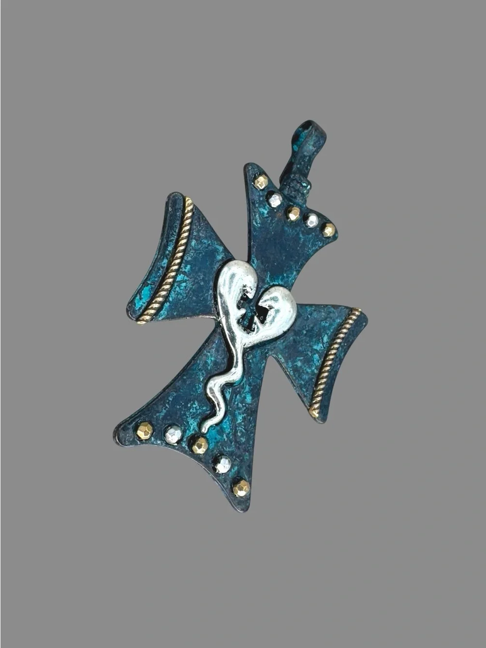 Large Artisan Style Teal Patina Cross Pendant Silver Gold Tone Heart 3”